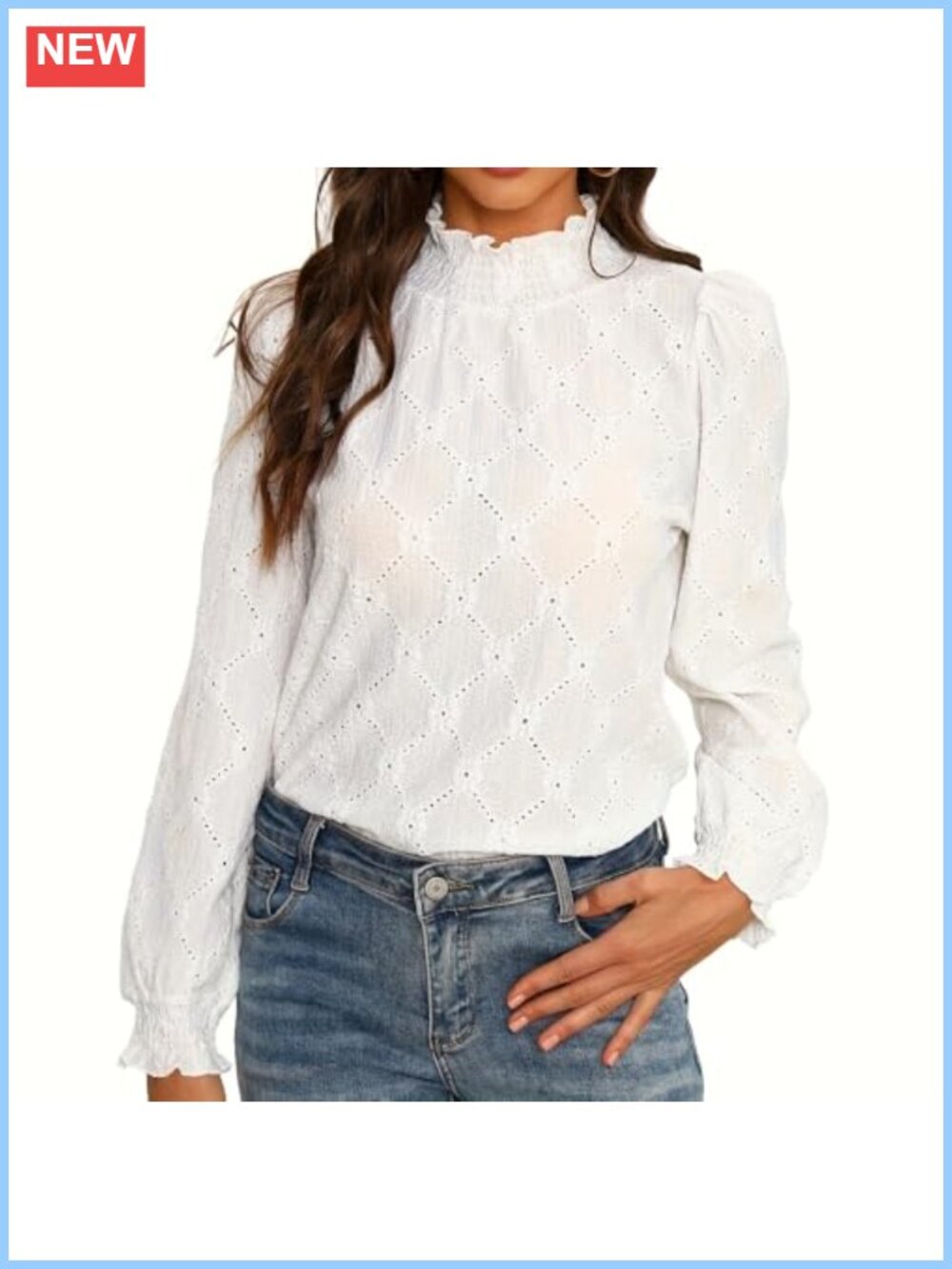 Women's Embroidered Ruffle Lace Blouse Mock Neck Puffy Long Sleeve Top